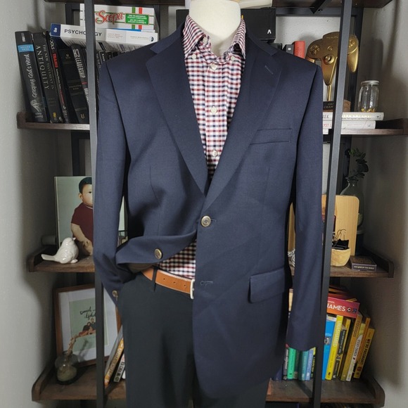 Joseph Feiss Gold Men's Sport Coat Blazer Two Button Navy Blue Twill Wool 42R - Picture 1 of 15
